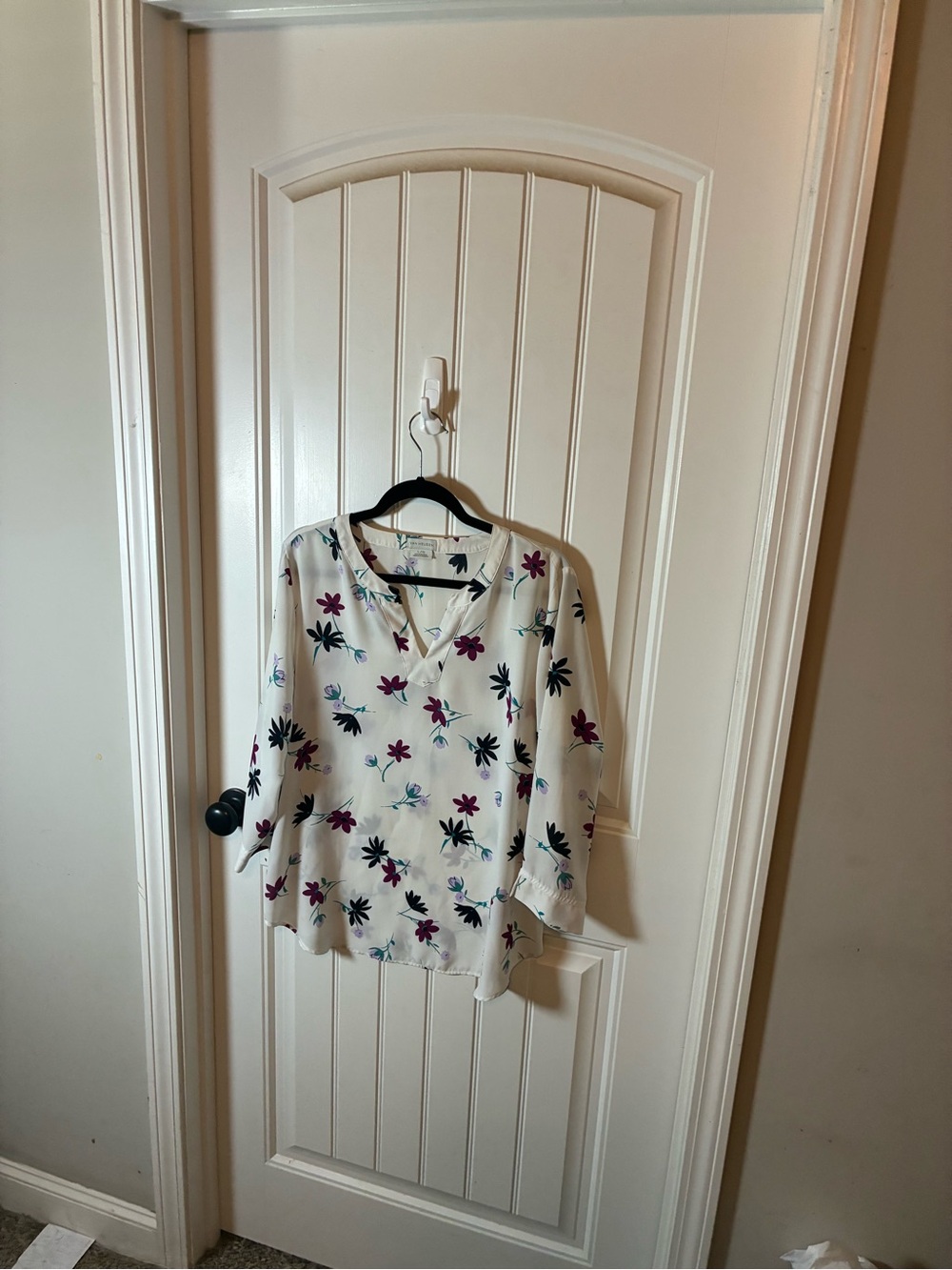Van Heusen Cream Floral V-Neck Blouse with Plum Accents